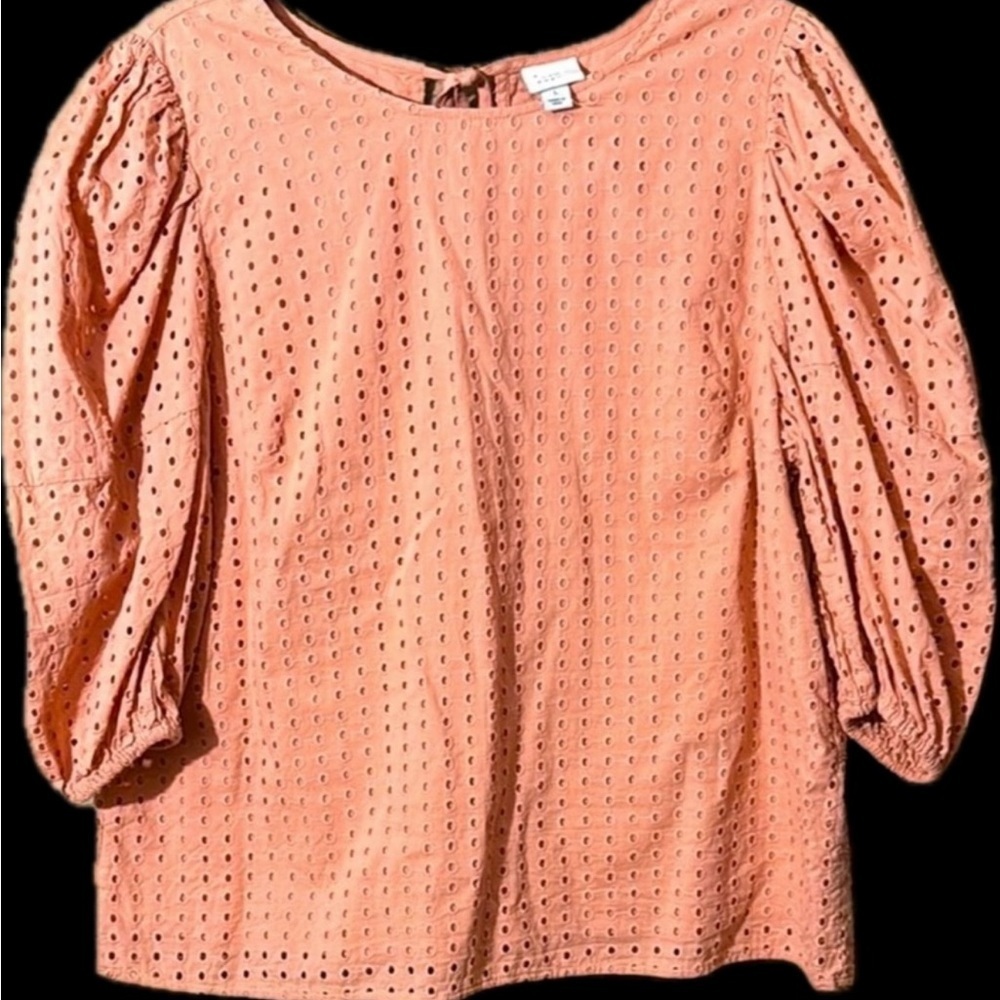 A New Day Coral Eyelet Puff Sleeve Blouse Boho Romantic Feminine Size Large - Picture 4 of 5